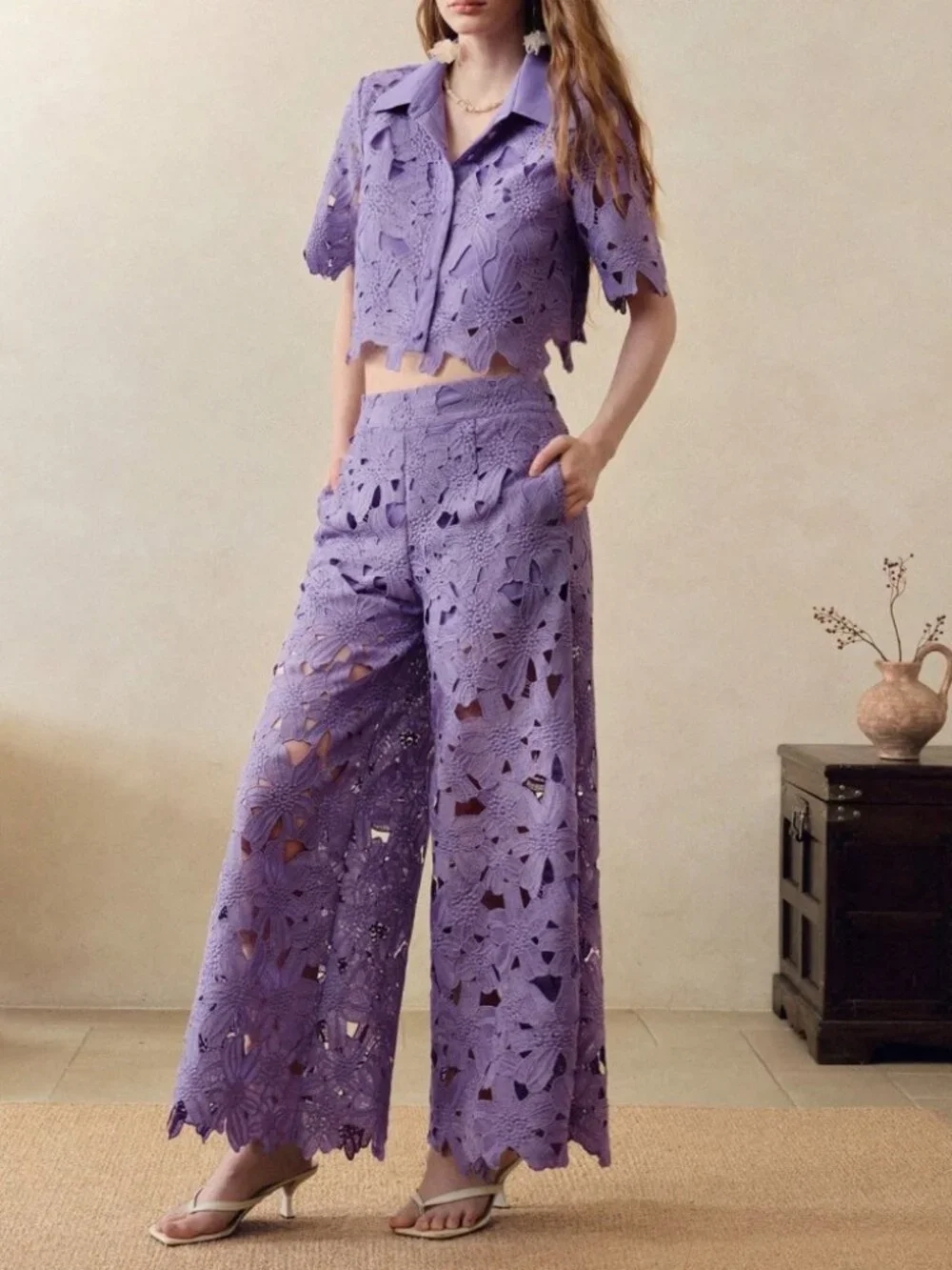 Lilac Floral Lace Crop Top & Wide Leg Pants Set